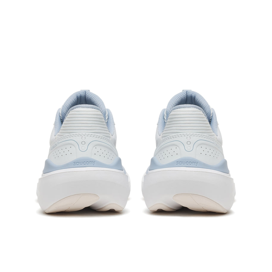 Back heel view of a pair of Saucony Echelon 11 Wide women's road running shoes in Hue/Celestial (white with pale blue trim)