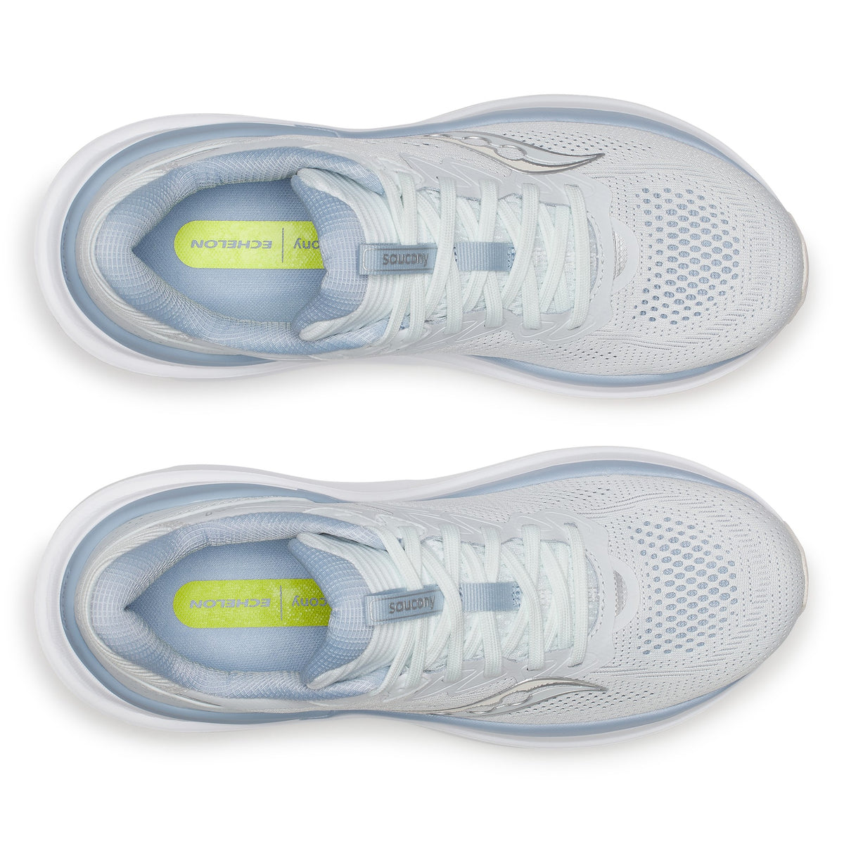 Top-down view of a pair of Saucony Echelon 11 Wide women's road running shoes in Hue/Celestial (white with pale blue trim)