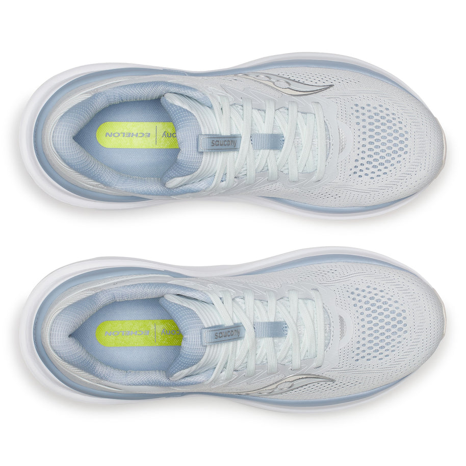 Top-down view of a pair of Saucony Echelon 11 Wide women's road running shoes in Hue/Celestial (white with pale blue trim)