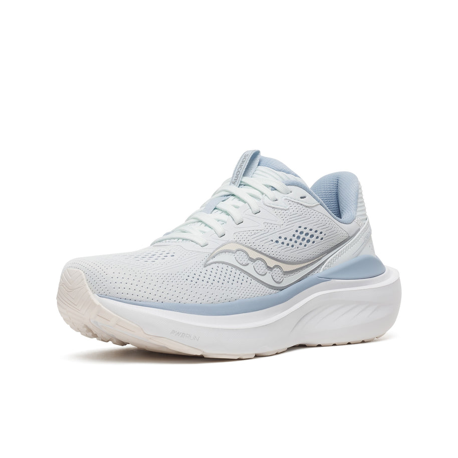 Saucony Echelon 11 Wide women's road running shoe in Hue/Celestial (white with pale blue trim), single shoe front three-quarter view