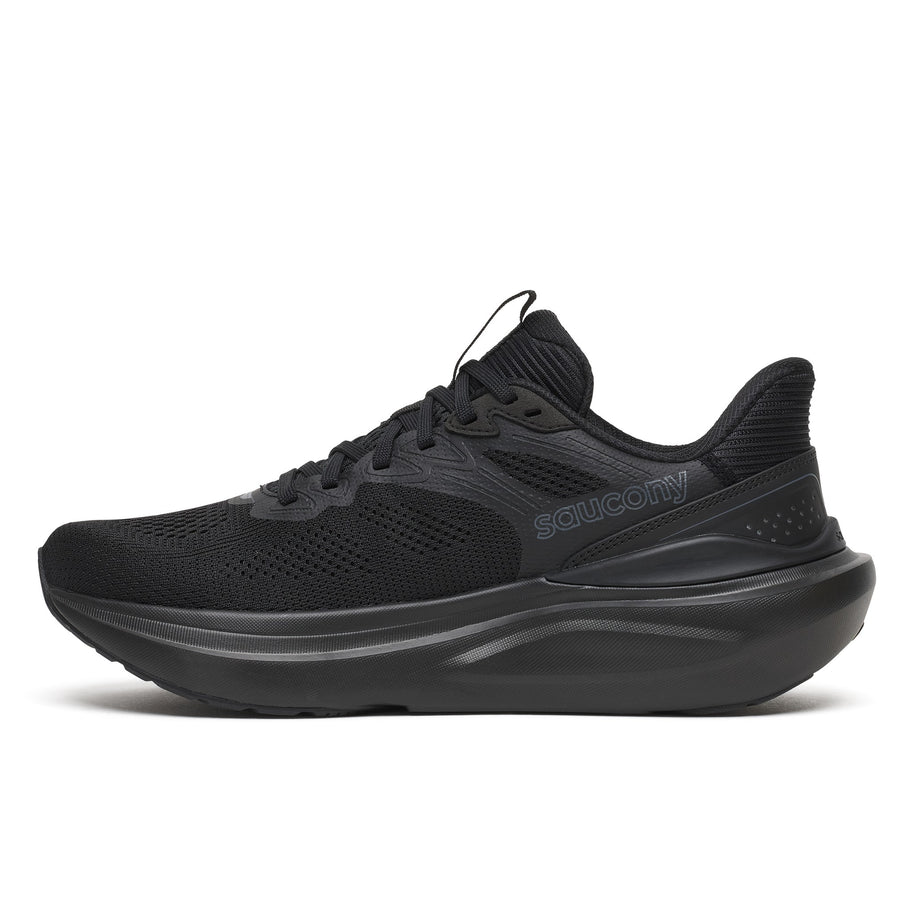 Saucony Echelon 11 Wide women's road running shoe in Triple Black, inner side view showing the Saucony logo