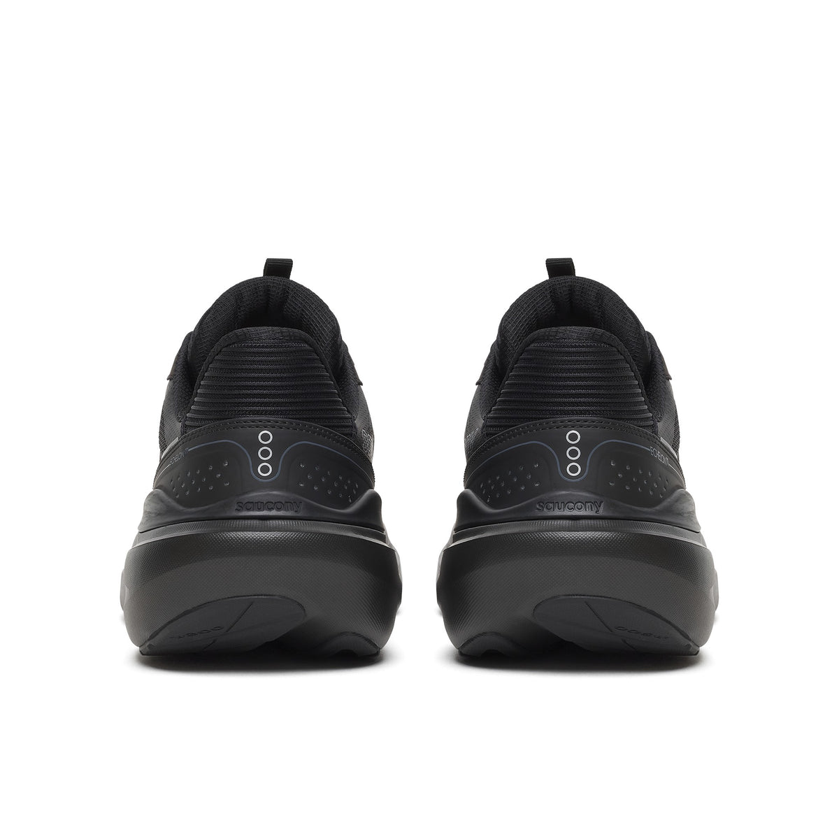 Back heel view of a pair of Saucony Echelon 11 Wide women's road running shoes in Triple Black