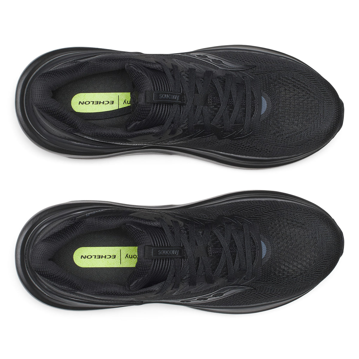 Top-down view of a pair of Saucony Echelon 11 Wide women's road running shoes in Triple Black with laces and insoles