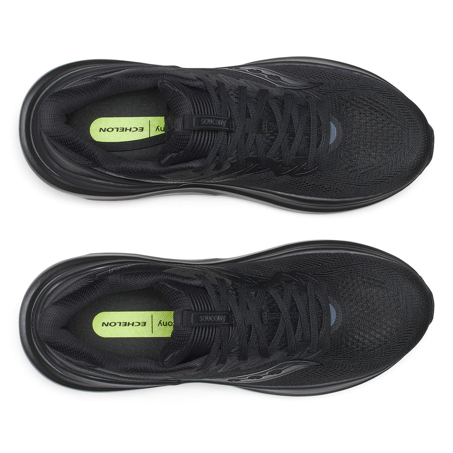 Top-down view of a pair of Saucony Echelon 11 Wide women's road running shoes in Triple Black with laces and insoles