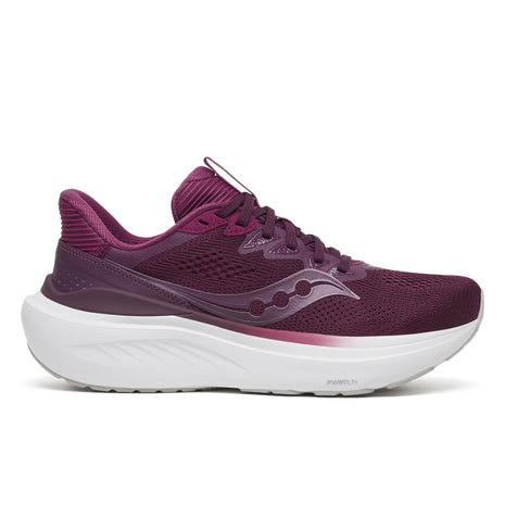 Saucony Echelon 11 women's road running shoe in Eggplant/Plum, side view of plum mesh upper and white midsole