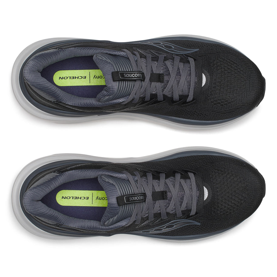 Top-down view of a pair of Saucony Echelon 11 X Wide men's road running shoes in Black/Gunmetal with laces and insoles