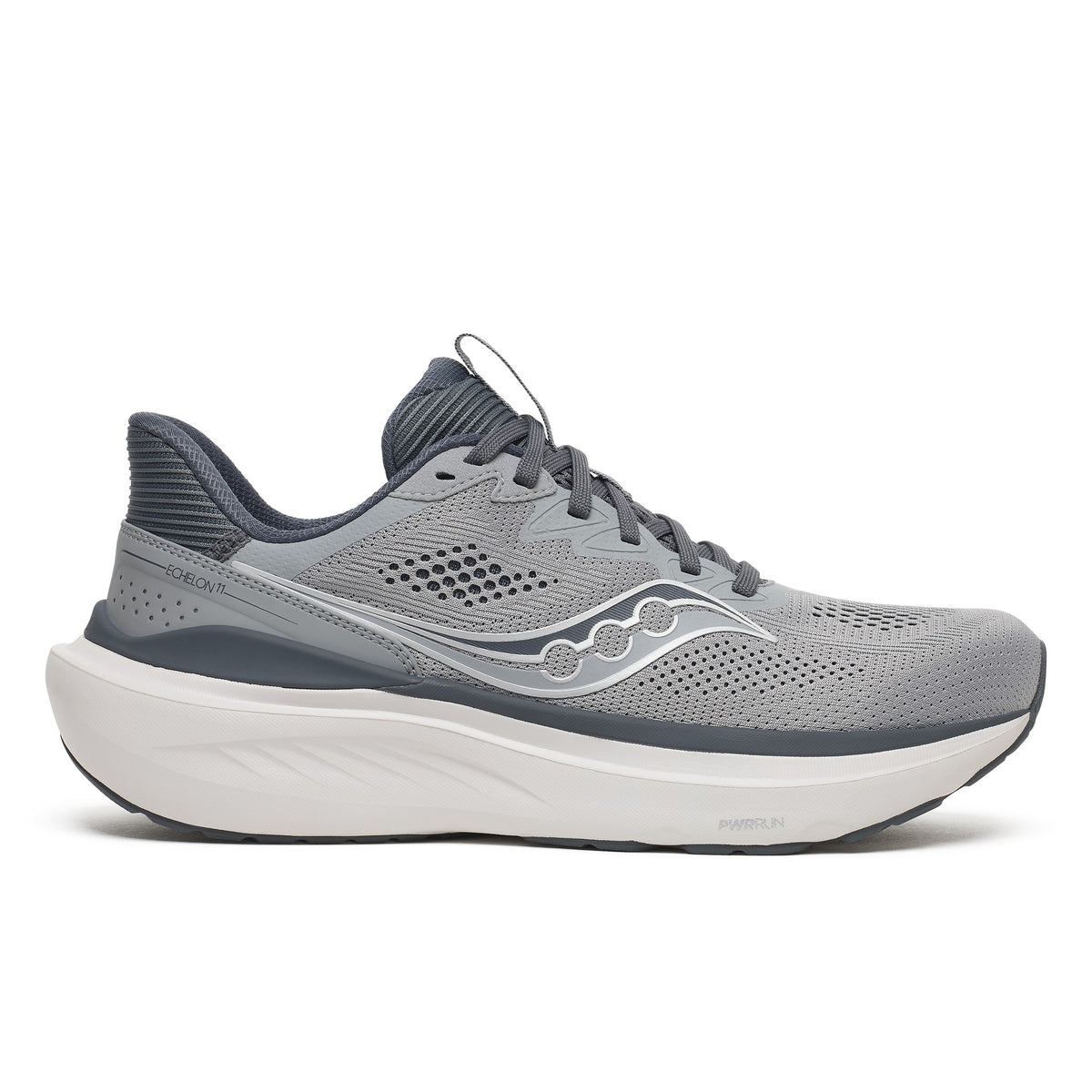Saucony Echelon 11 X Wide men's road running shoe in Fossil/Gunmetal (light grey with dark grey trim), side view