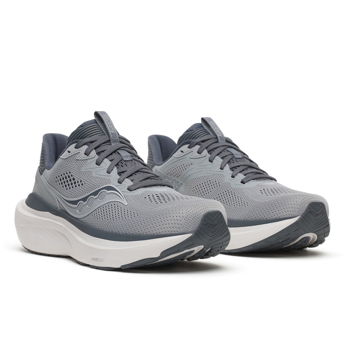 Pair of Saucony Echelon 11 X Wide men's road running shoes in Fossil/Gunmetal (light grey with dark grey trim), front three-quarter view