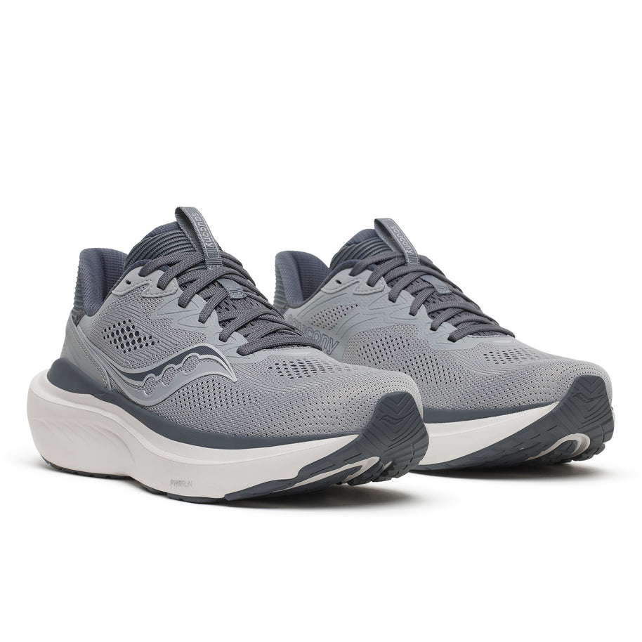 Pair of Saucony Echelon 11 X Wide men's road running shoes in Fossil/Gunmetal (light grey with dark grey trim), front three-quarter view