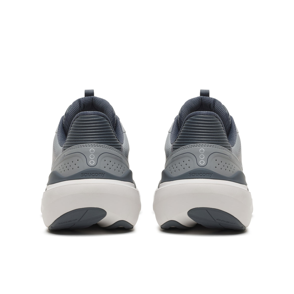 Back heel view of a pair of Saucony Echelon 11 X Wide men's road running shoes in Fossil/Gunmetal (light grey with dark grey trim)