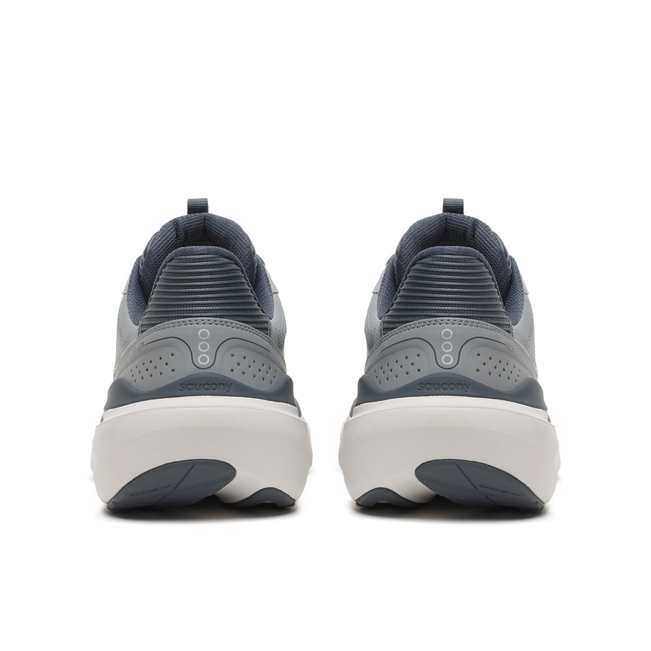 Back heel view of a pair of Saucony Echelon 11 X Wide men's road running shoes in Fossil/Gunmetal (light grey with dark grey trim)