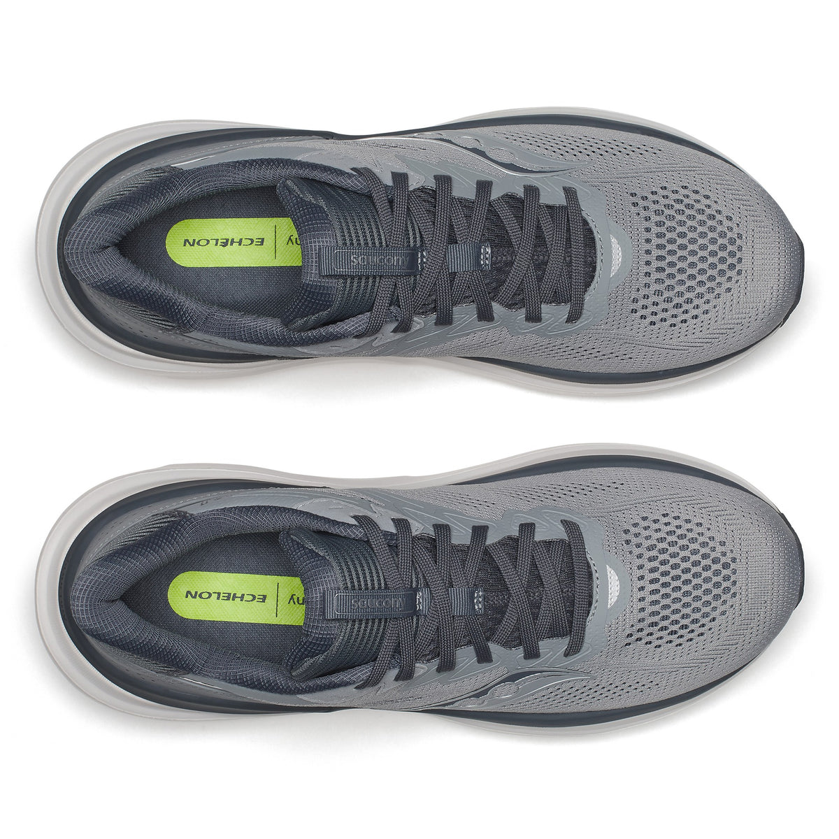 Top-down view of a pair of Saucony Echelon 11 X Wide men's road running shoes in Fossil/Gunmetal (light grey with dark grey trim)