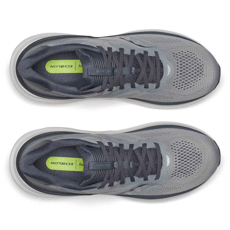 Top-down view of a pair of Saucony Echelon 11 X Wide men's road running shoes in Fossil/Gunmetal (light grey with dark grey trim)