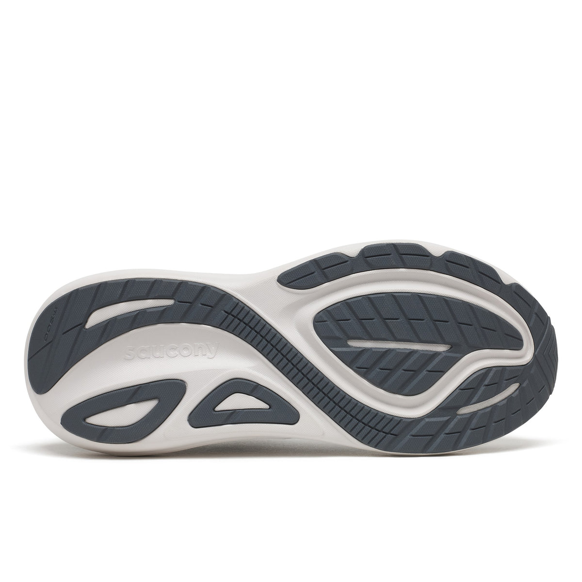 Outsole of the Saucony Echelon 11 X Wide men's road running shoe in Fossil/Gunmetal (light grey with dark grey trim), tread pattern
