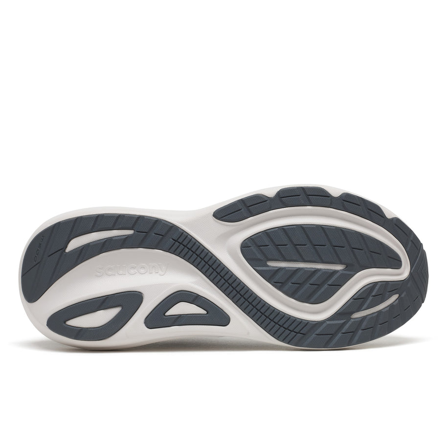 Outsole of the Saucony Echelon 11 X Wide men's road running shoe in Fossil/Gunmetal (light grey with dark grey trim), tread pattern