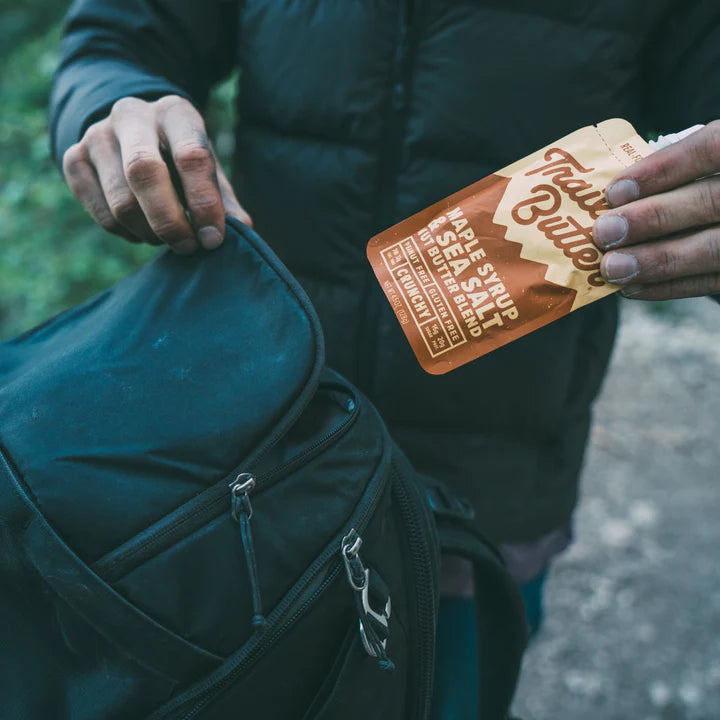 Maple Syrup & Sea Salt by Trail Butter in brown and beige pouch, natural blend with real maple syrup and sea salt, ideal for outdoor energy boost