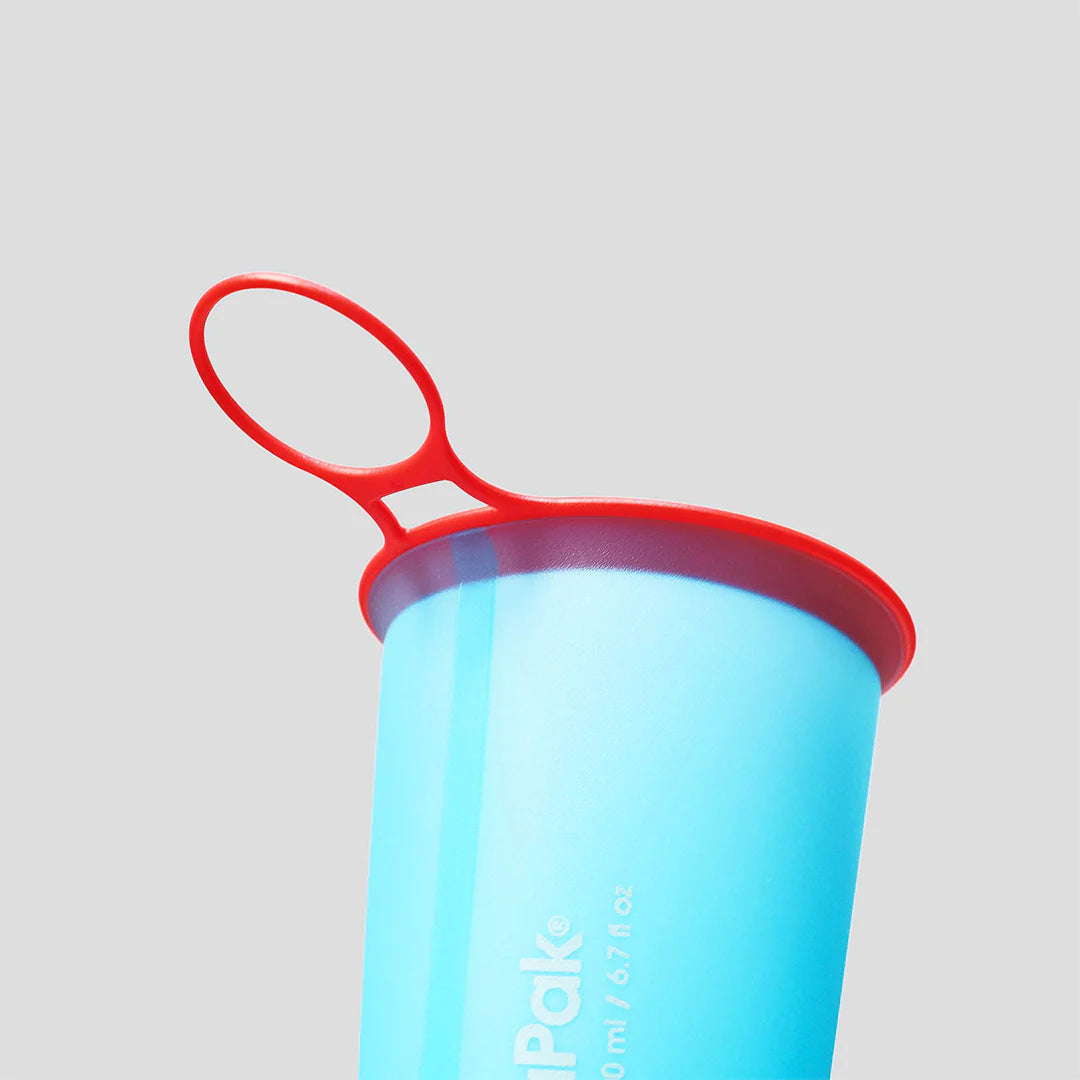 SpeedCup 2-Pack by Hydrapak in blue with red rim, lightweight collapsible hydration cup ideal for outdoor running and backpacking