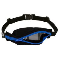 Kids Running Belt by SPIbelt in black with blue zipper, adjustable pack for children to discreetly carry insulin pumps during physical activity