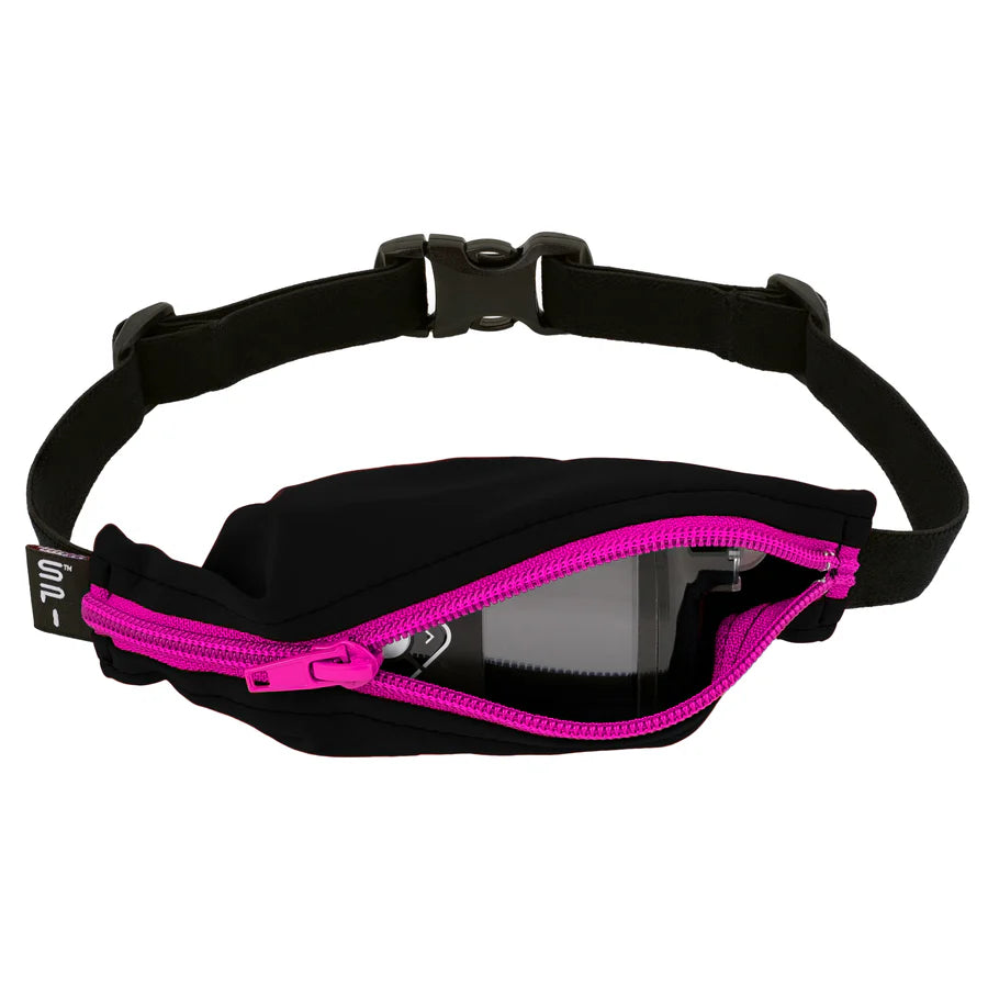 Kids Running Belt by SPIbelt in black with pink zipper, lightweight discreet pump pack for children staying active safely and comfortably