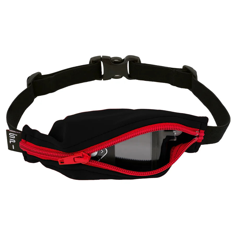 Kids Running Belt by SPIbelt in black with red zipper, lightweight, discreet insulin pump carrying accessory for active children