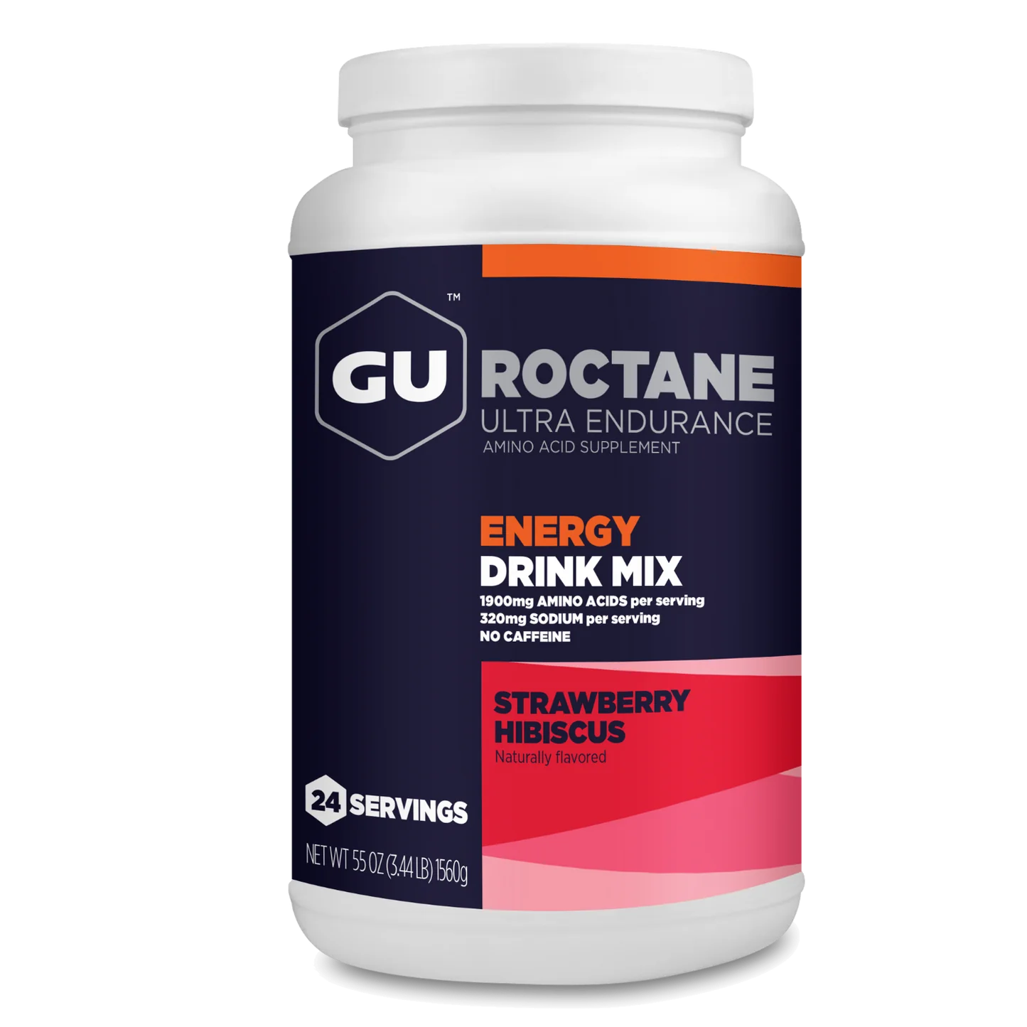 Roctane Energy Drink Mix by GU Energy in white, navy, and red, strawberry hibiscus flavor, carb intensive hydration for endurance athletes