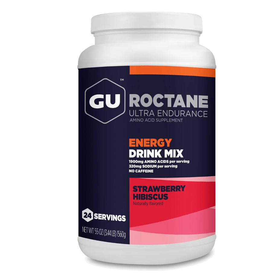 Roctane Energy Drink Mix by GU Energy in white, navy, and red, strawberry hibiscus flavor, carb intensive hydration for endurance athletes