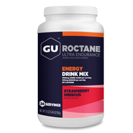 Roctane Energy Drink Mix by GU Energy in white, navy, and red, strawberry hibiscus flavor, carb intensive hydration for endurance athletes