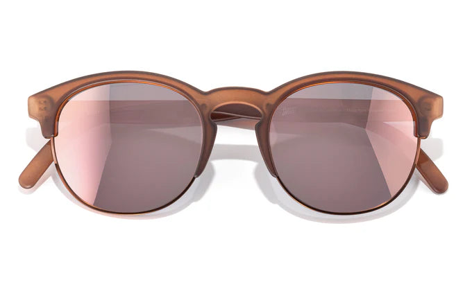 Avila by Sunski in matte brown with rose tinted lenses, lightweight half frame sunglasses with metal details and no wire nose pads designed for versatile everyday use