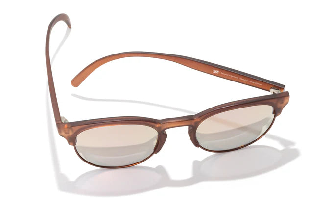 Avila by Sunski in translucent brown half frame glasses with metal details and no wire nose pads, lightweight unisex eyewear