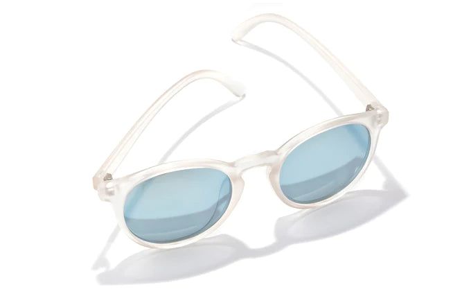 Dipsea by Sunski in translucent white with blue lenses, round frame sunglasses blending city style with outdoor spirit for men and women