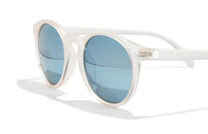 Dipsea by Sunski in clear frame with blue lenses, stylish round sunglasses blending urban and outdoor spirit, unisex accessory for everyday wear