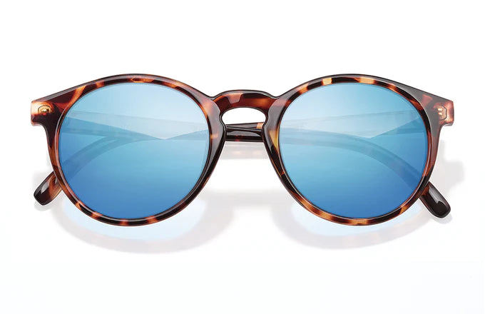 Dipsea by Sunski in tortoise frame with blue lenses, stylish round sunglasses blending city style and outdoor spirit for men and women