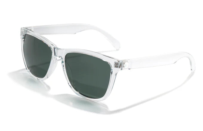 Headland by Sunski in clear frame with dark lenses, medium rectangular wayfarer sunglasses for men and women, USA-based accessory