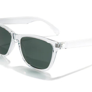 Headland by Sunski in clear frame with dark lenses, medium rectangular wayfarer sunglasses for men and women, USA-based accessory