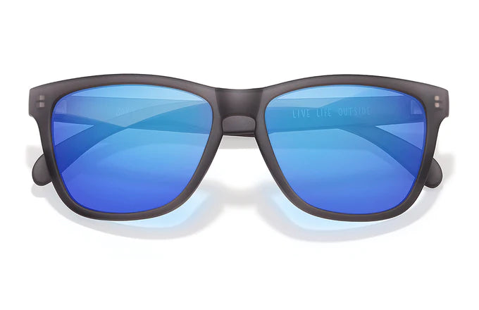Headland by Sunski in black frame with blue mirrored lenses, classic rectangular wayfarer sunglasses for men and women designed for outdoor use