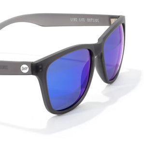 Headland sunglasses by Sunski in black with blue mirrored lenses, medium rectangular wayfarer for men and women outdoor use