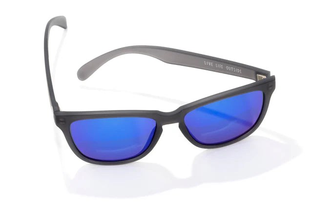 Headland by Sunski in black with blue mirrored lenses, medium rectangular sunglasses designed for outdoor use by men and women