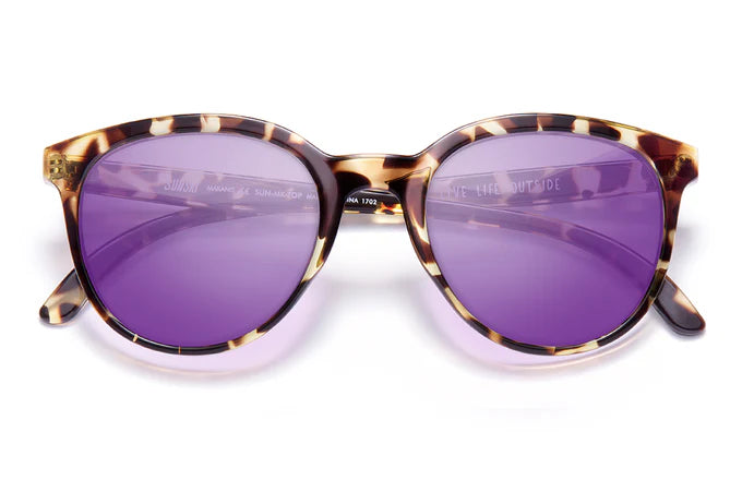 Makani by Sunski in tortoiseshell with purple polarized lenses, lightweight recycled frames, playful cat eye glasses for all-day comfort