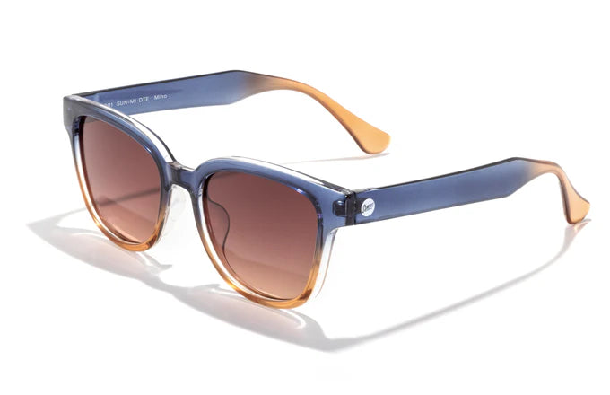 Miho by Sunski, translucent blue and amber glasses with brown lenses, timeless curved design for beach and casual wear