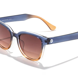 Miho by Sunski, translucent blue and amber glasses with brown lenses, timeless curved design for beach and casual wear