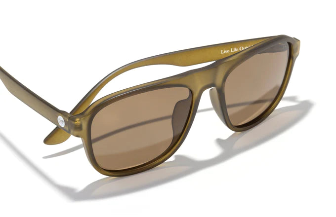 Shoreline by Sunski in matte olive green with brown lenses, square aviator frame with retro style for larger faces and outdoor adventure