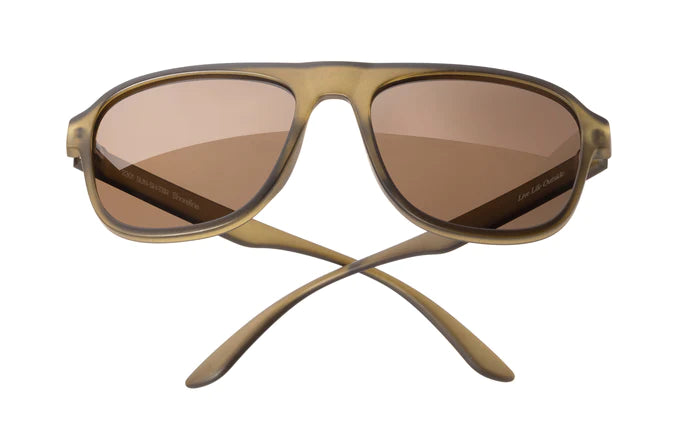 Shoreline by Sunski in matte brown with square aviator frame, retro style, large coverage, ideal for men and women’s outdoor adventure