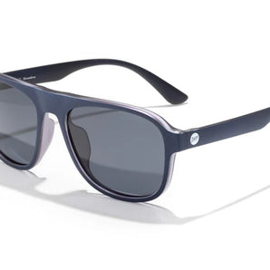 Shoreline by Sunski in navy blue and grey square aviator sunglasses with large coverage, retro style for men and women outdoors