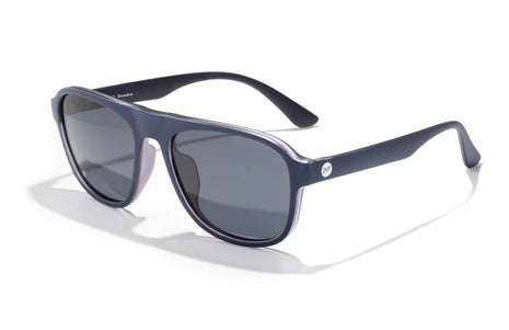 Shoreline by Sunski in navy blue and grey square aviator sunglasses with large coverage, retro style for men and women outdoors
