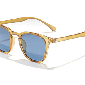 Tango by Sunski in transparent amber with blue polarized Helio lenses, lightweight recycled frames for stylish sun protection