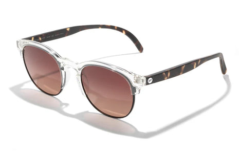 Avila by Sunski half frame sunglasses in clear and tortoise with metal details, lightweight and versatile unisex accessory designed for eye comfort