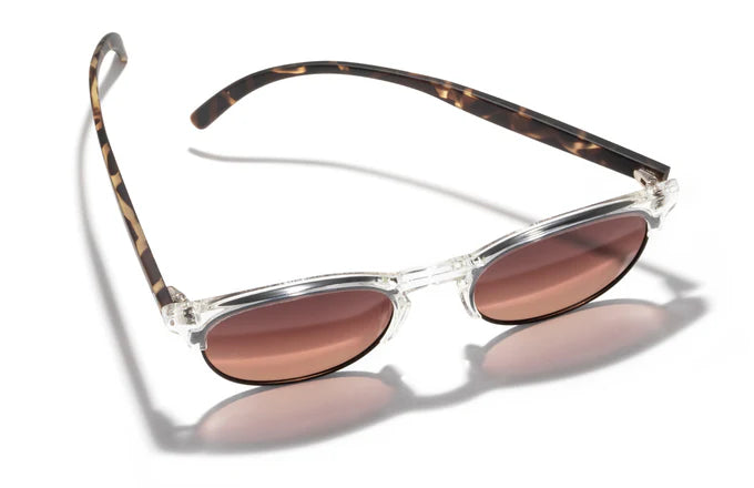 Avila by Sunski half frame sunglasses in clear and tortoise with metal details, lightweight and no wire nose pads for versatile use