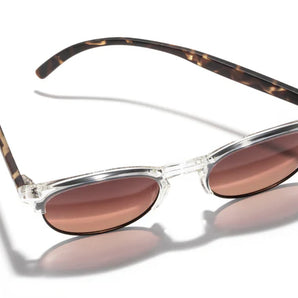 Avila by Sunski half frame sunglasses in clear and tortoise with metal details, lightweight and no wire nose pads for versatile use