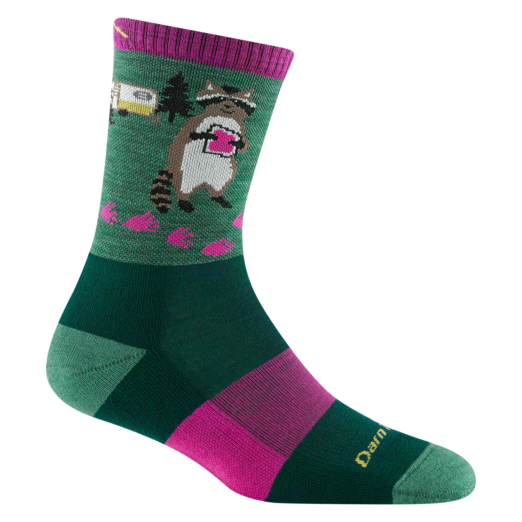 Critter Club Micro Crew Lightweight w/ Cushion Hiking Sock - Women by Darn Tough in green and purple with forest animal design, lightweight cushioned hiking sock ideal for casual outdoor walks and day hikes