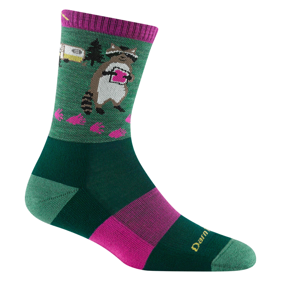Critter Club Micro Crew Lightweight w/ Cushion Hiking Sock - Women by Darn Tough in green and purple with forest animal design, lightweight cushioned hiking sock ideal for casual outdoor walks and day hikes